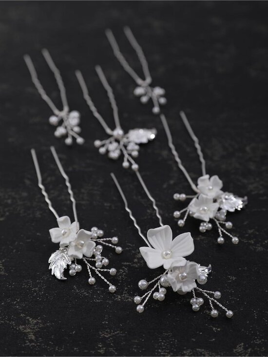 Women\'s Silver 6 Pieces Handmade Gold Leaf Pearls Flower Bridal Hair Bridesmaid